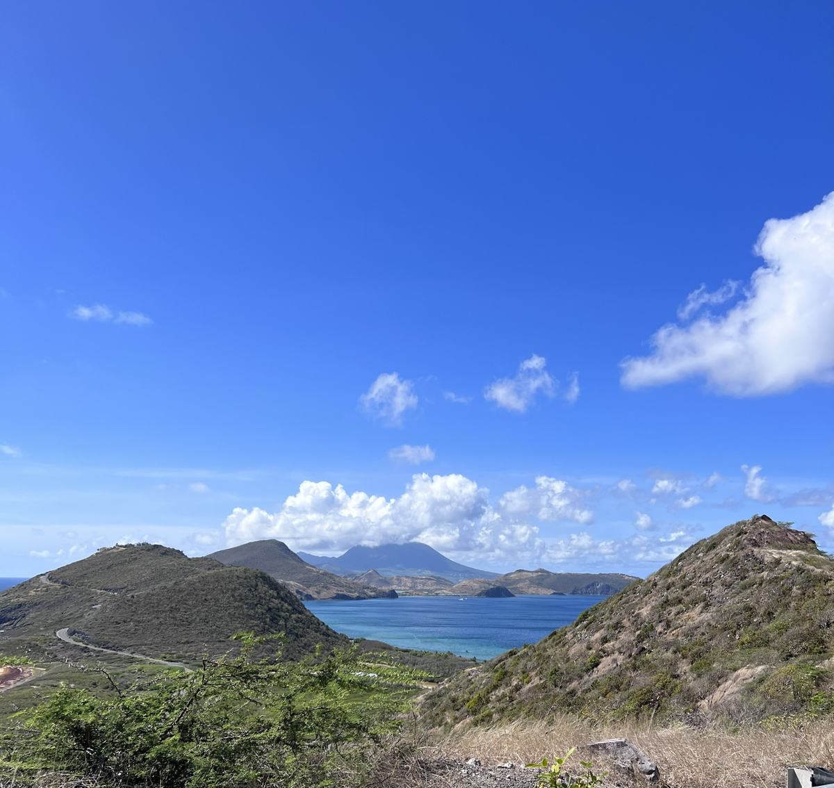 Amber and family at a cruise port with mountains in the background