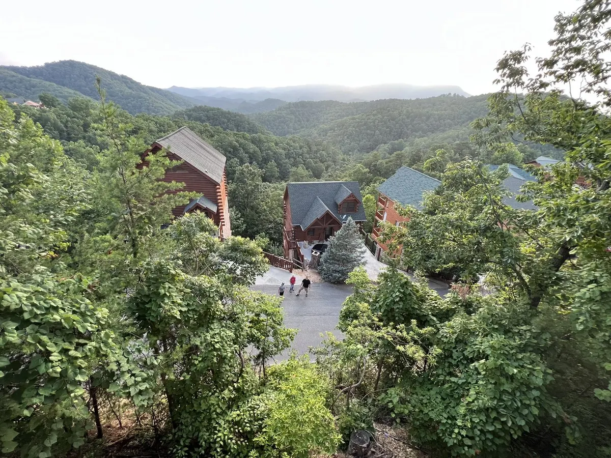 Smoky Mountain cabin and layered mountain view
